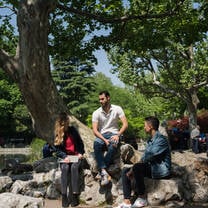 Students outside hanging out. 
