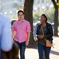 Students walking outside. 