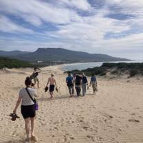 group walking on beach