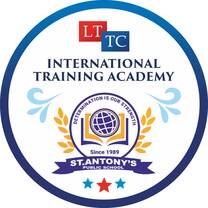 Logo using red and blue wording and symbols in a bue circle 
