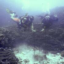 Volunteers installing an underwater structure as part of a coral reef restoration project