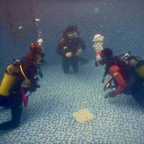 Scuba diving training session in a swimming pool for beginner divers