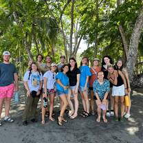 Group of Intenrs posing on a tropical beach under palm trees.