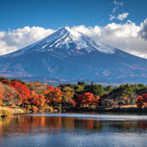 Mount Fuji on a clear day from the banks of one of the nearby lakes