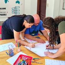 Trainees designing classroom materials and posters using colored markers.