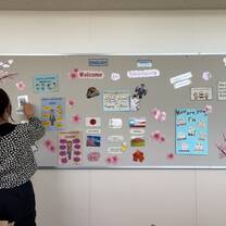 Female TEFL teacher arranges learning resources on a wall mounted board