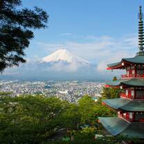 Mount Fuji as seen from a temple in Kyoto. We go there. We learn the history of the samurai and the geography of the famous mountain Summit.  