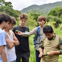 A guide shows a group of boys a plant during a guided walk in Belize