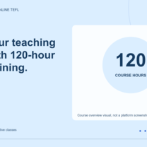 A blue and yellow course-overview graphic showing 120 course hours and the text Build your teaching skills with 120-hour TEFL training.