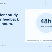 A blue and yellow course-overview graphic showing tutor feedback within 48 hours, without a tutor photograph or platform interface.