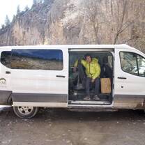Russ hanging in the van at Rifle Mountain Park after a day of sport climbing in the cold. 