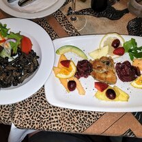 Raw Ostrich, Raw Springbok, Cooked crocodile tail and cooked Palm weevil larvae