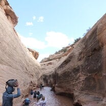 Sport wading through Long canyon of Bears Ears, Utah.