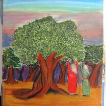 My oil pastel drawing of Palestinian women by an olive tree