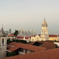 Hotel Central rooftop, Casco Antiguo in front, modern Panama City in background