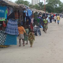 small town market in mozambique, second hand clothes.