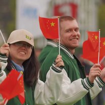 Celebrating the University's sports day with my boss!