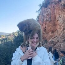 Monkey climbing on my head in Morocco