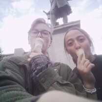 Ice cream with my roommate in the city center of Halle, Marktplatz