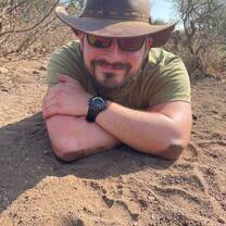 Overlooking a fresh hyena track in the sand