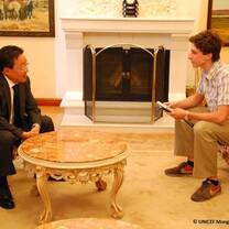 journalism intern interviewing Mongolia president