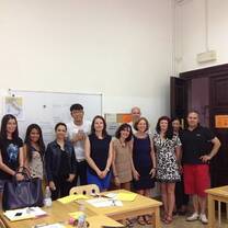 A group of students gathered. 