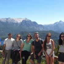 Students smiling by mountain in Bariloche, Argentina