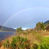 Rainbow over the road to Isle of Skye