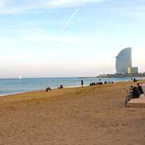 Barcelona coast line. Barcelona has some of the most beautiful beaches right on the edge of the city and are easily walkable from the CEA class building and apartments of the students. Don't be surprised though if you see some people sunbathing nude!