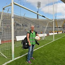 Inside the Gaelic football goal on the pitch at Croke Park.