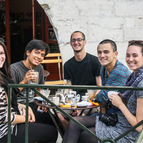 Students enjoying famous Basque hot Chocolate on a field trip to a nearby town