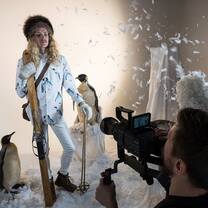 Male model with penguins 