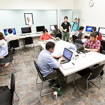 CELTA students hard at work in the technology lab at Teaching House Technology lab at Teaching House TEFL center
