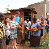 RWEYOWA volunteers delivering chickens to one of the family supported by RWEYOWA
