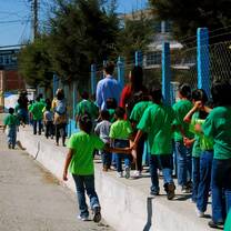 The kids walking to School