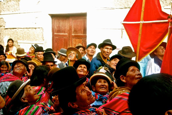 A crowd of indigenous Bolivians